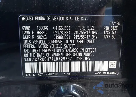 2020 Honda Hr-V Awd Ex-L из США, поврежденный, VIN 3CZRU6H77LM729737